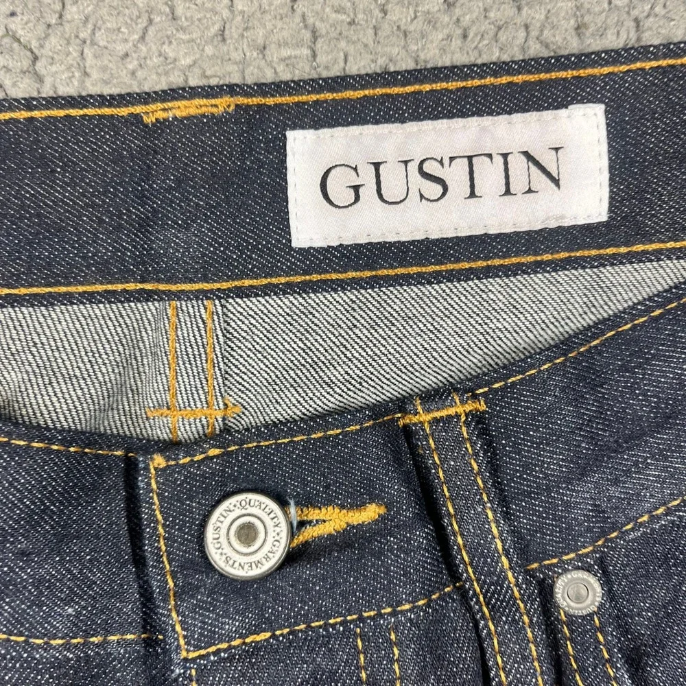 Gustin Mens Raw Selvedge Denim Jeans Indigo Blue Button Fly Straight Leg Size 30